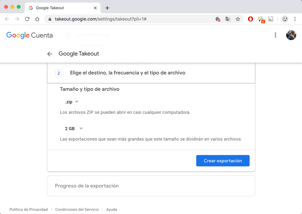 Exportar Google Fotos con Takeout