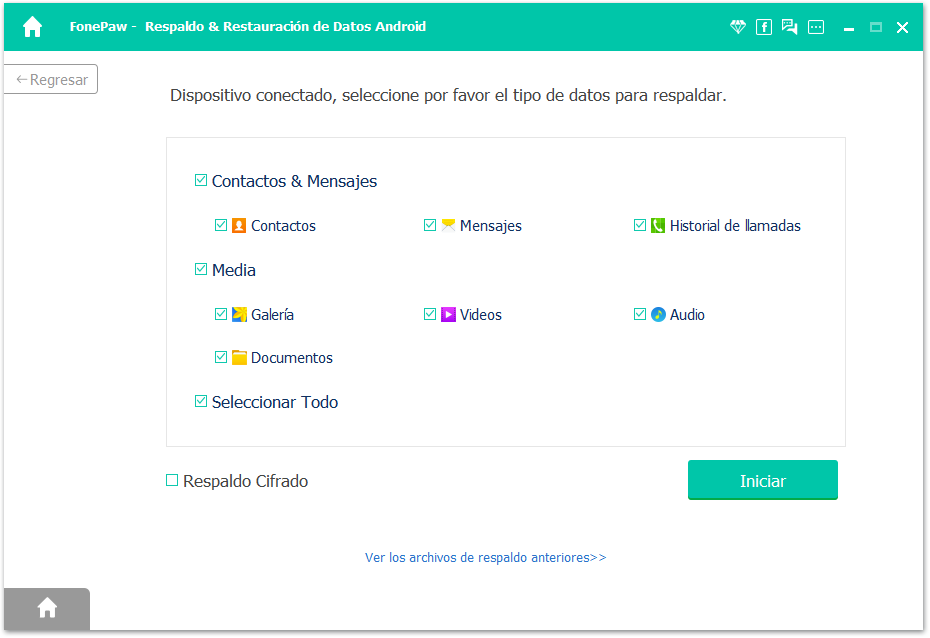 seleccionar tipos de datos para respaldar