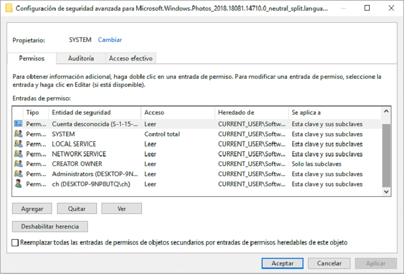 configuración de seguridad avanzada para Microsoft.Windows.Photos