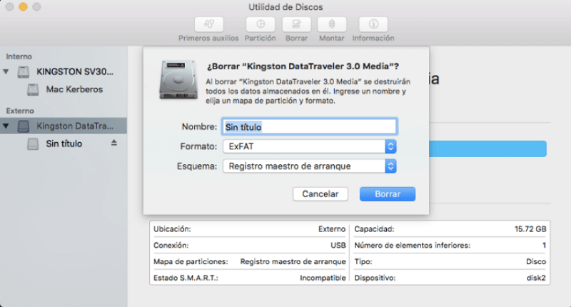 elegir formato al formatear disco duro externo en Utilidad de Discos