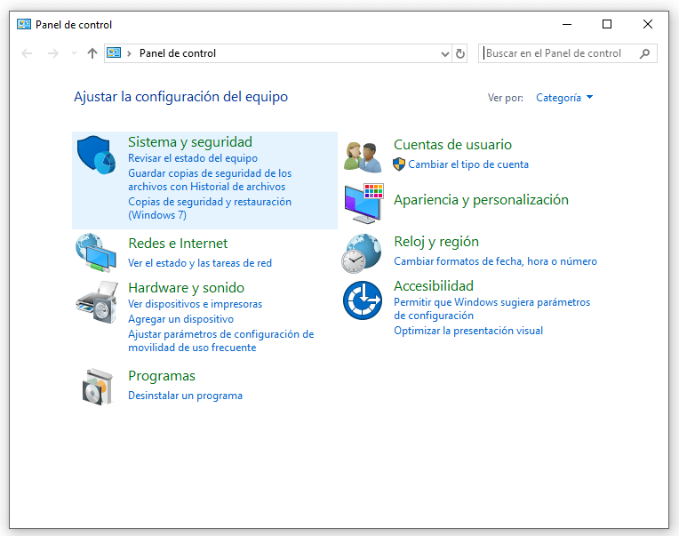 sistema y seguridad de Windows