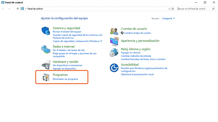 desinstalar programa en panel de control Windows