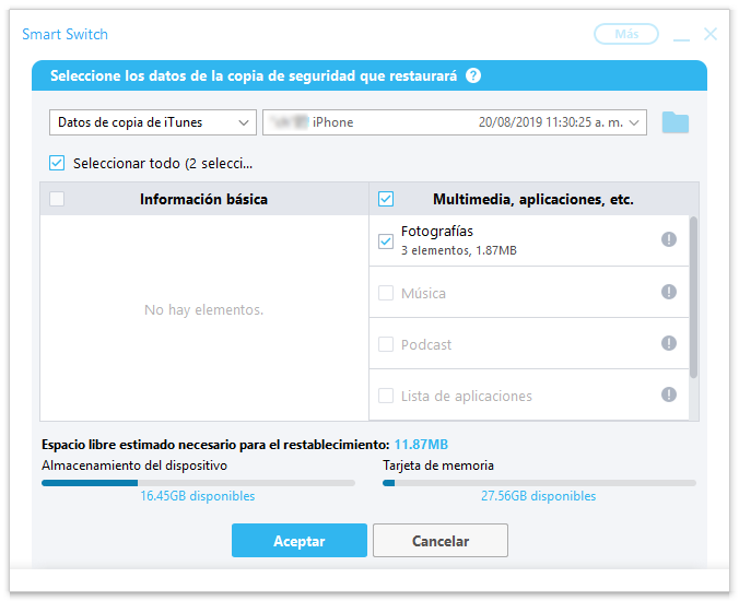 seleccionar datos para restaurar