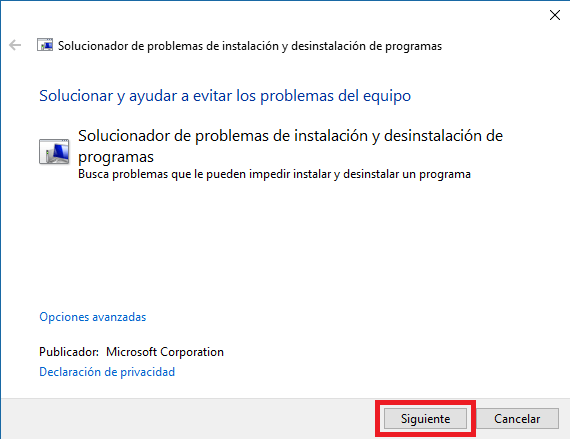 solucionador de problemas de instalación y desinstalación de programas