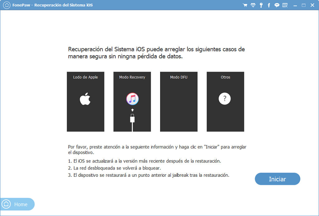 Recuperación de Sistema iOS alternativa a iTunes