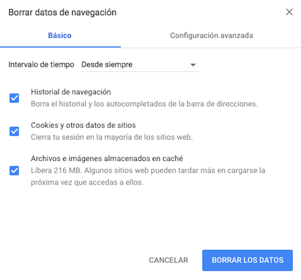 Borrar datos de navegación Chrome