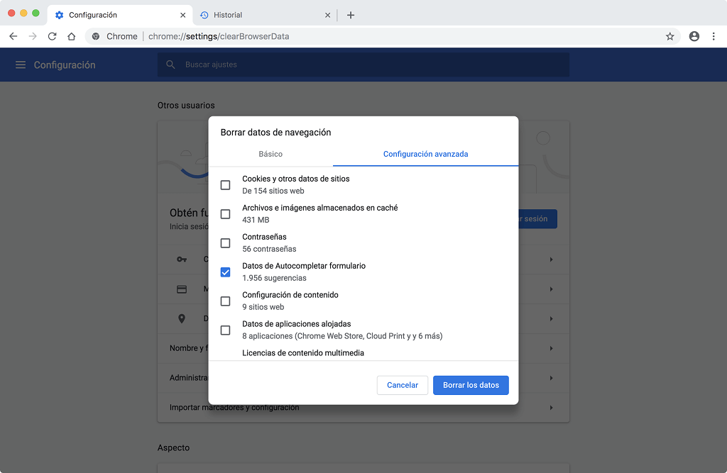 borrar los datos de navegación Chrome