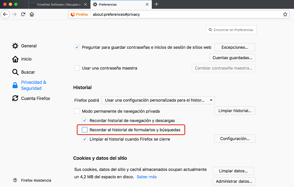 deshabilitar autocompletar en Firefox