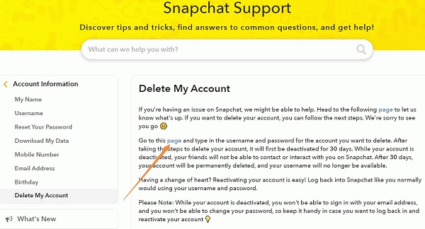 borrar cuenta de Snapchat