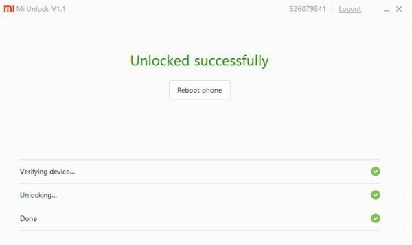 desbloqueo con éxito en Xiaomi