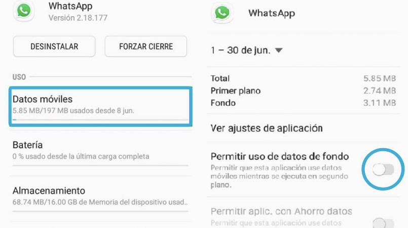 permitir uso de datos de fondo WhatsApp Android